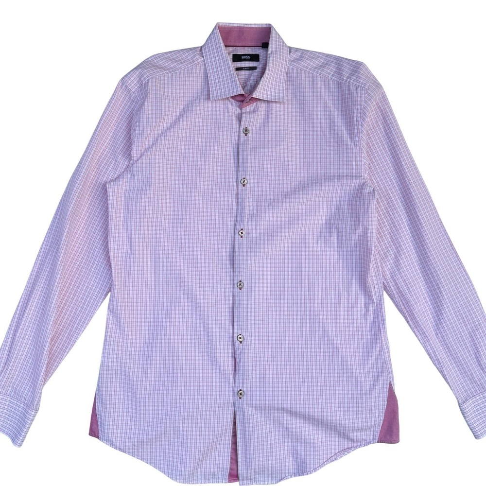 Hugo Boss Slim Fit Dress Shirt Pink Micro Check Long Sleeve Office Sz 42 / 16.5